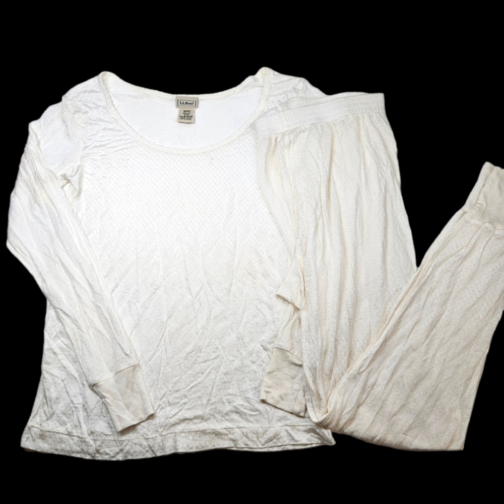 L.L. Bean 100% Silk Pointelle Long Sleeve Top and Pants Layering Set S Petite